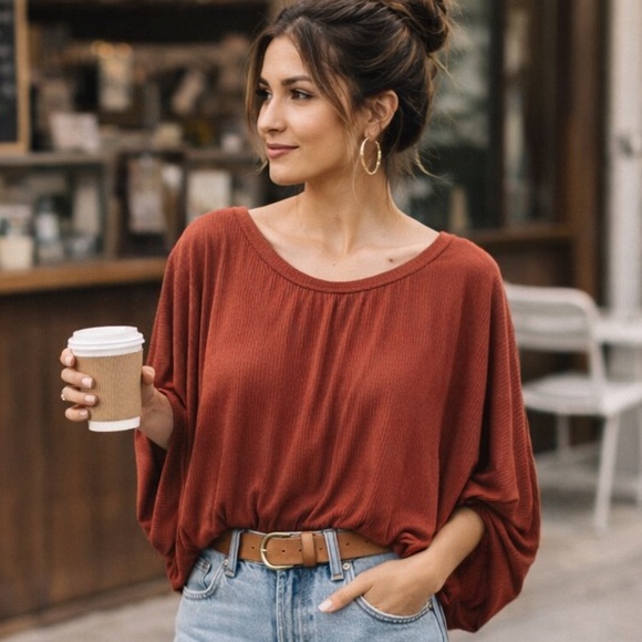 Free People Tops - Free People FP Beach Rust Ribbed Batwing Top NWT Medium Boho Oversized